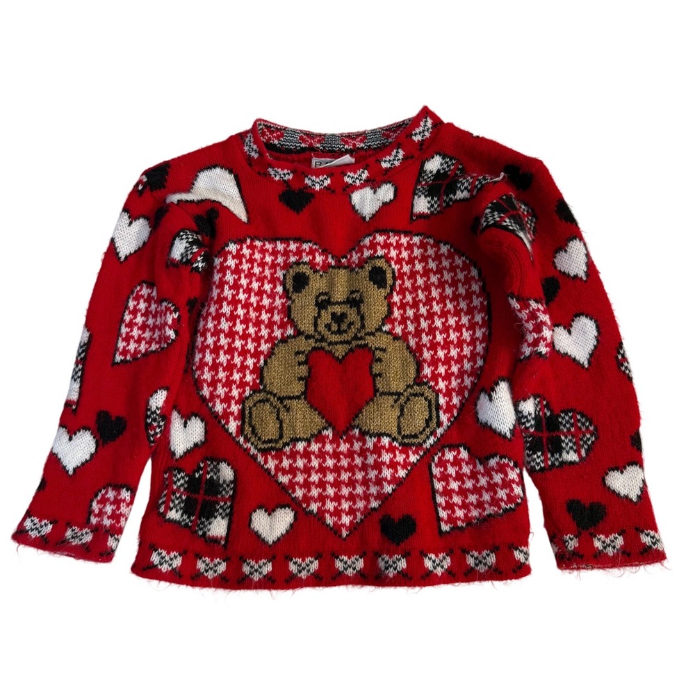Vintage Y2K Basic Editions Teddy Bear Heart Girls Knit Sweater Size 4T Cozy